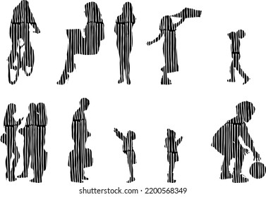 Siluetas vectoriales, Siluetas de contorno de personas, Dibujo de contorno, silueta de personas, Conjunto de iconos aislados, Silueta de personas sentadas, Conjunto arquitectónico	
