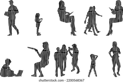 Vector silhouettes, Outline silhouettes of people, Contour drawing, people silhouette, Icon Set Isolated, Silhouette of sitting people, Architectural set	
