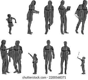 Siluetas vectoriales, Siluetas de contorno de personas, Dibujo de contorno, silueta de personas, Conjunto de iconos aislados, Silueta de personas sentadas, Conjunto arquitectónico	
