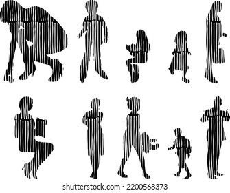 Vector silhouettes, Outline silhouettes of people, Contour drawing, people silhouette, Icon Set Isolated, Silhouette of sitting people, Architectural set	
