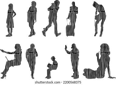 Vector silhouettes, Outline silhouettes of people, Contour drawing, people silhouette, Icon Set Isolated, Silhouette of sitting people, Architectural set	
