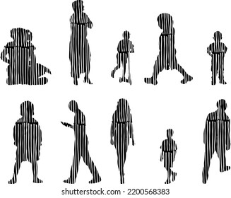 Vector silhouettes, Outline silhouettes of people, Contour drawing, people silhouette, Icon Set Isolated, Silhouette of sitting people, Architectural set	
