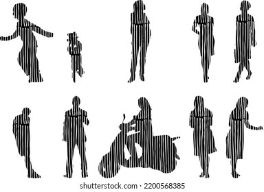Vector silhouettes, Outline silhouettes of people, Contour drawing, people silhouette, Icon Set Isolated, Silhouette of sitting people, Architectural set	
