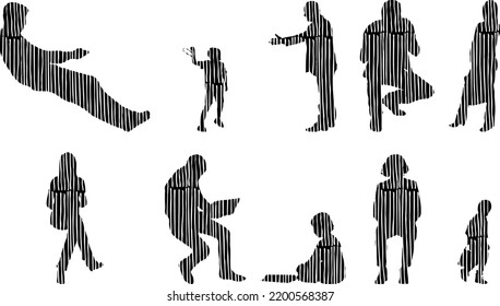 Siluetas vectoriales, Siluetas de contorno de personas, Dibujo de contorno, silueta de personas, Conjunto de iconos aislados, Silueta de personas sentadas, Conjunto arquitectónico	
