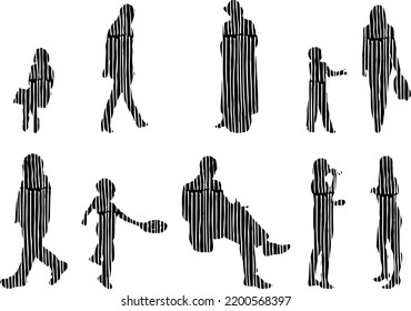 Vector silhouettes, Outline silhouettes of people, Contour drawing, people silhouette, Icon Set Isolated, Silhouette of sitting people, Architectural set	
