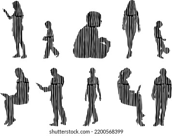 Vector silhouettes, Outline silhouettes of people, Contour drawing, people silhouette, Icon Set Isolated, Silhouette of sitting people, Architectural set	
