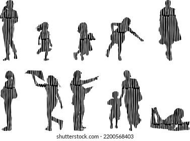 Vector silhouettes, Outline silhouettes of people, Contour drawing, people silhouette, Icon Set Isolated, Silhouette of sitting people, Architectural set	
