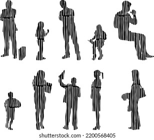 Siluetas vectoriales, Siluetas de contorno de personas, Dibujo de contorno, silueta de personas, Conjunto de iconos aislados, Silueta de personas sentadas, Conjunto arquitectónico	
