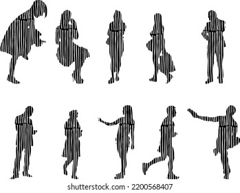 Vector silhouettes, Outline silhouettes of people, Contour drawing, people silhouette, Icon Set Isolated, Silhouette of sitting people, Architectural set	
