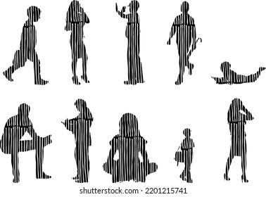 Siluetas vectoriales, Siluetas de contorno de personas, Dibujo de contorno, silueta de personas, Conjunto de iconos aislados, Silueta de personas sentadas, Conjunto arquitectónico	