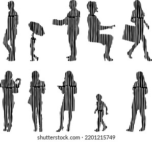 Vector silhouettes, Outline silhouettes of people, Contour drawing, people silhouette, Icon Set Isolated, Silhouette of sitting people, Architectural set	
