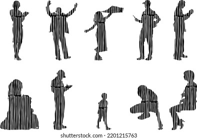 Vector silhouettes, Outline silhouettes of people, Contour drawing, people silhouette, Icon Set Isolated, Silhouette of sitting people, Architectural set	