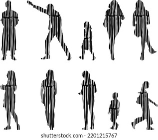 Vector silhouettes, Outline silhouettes of people, Contour drawing, people silhouette, Icon Set Isolated, Silhouette of sitting people, Architectural set	