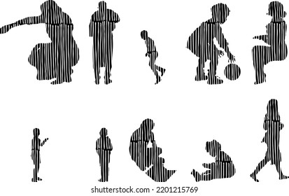 Vector silhouettes, Outline silhouettes of people, Contour drawing, people silhouette, Icon Set Isolated, Silhouette of sitting people, Architectural set	