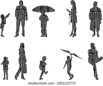Vector silhouettes, Outline silhouettes of people, Contour drawing, people silhouette, Icon Set Isolated, Silhouette of sitting people, Architectural set	