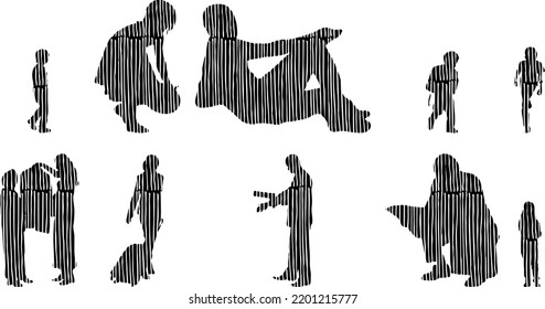 Vektor-Silhouetten, Silhouetten-Linien, Konturzeichnungen, Silhouette-Leute, Symbolsatz isoliert, Silhouette sitzender Menschen, Architekturset	