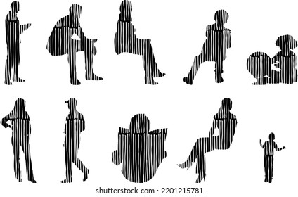 Vector silhouettes, Outline silhouettes of people, Contour drawing, people silhouette, Icon Set Isolated, Silhouette of sitting people, Architectural set	