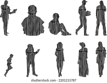 Vector silhouettes, Outline silhouettes of people, Contour drawing, people silhouette, Icon Set Isolated, Silhouette of sitting people, Architectural set	