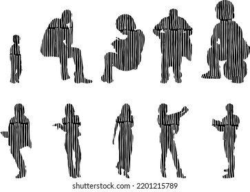 Vector silhouettes, Outline silhouettes of people, Contour drawing, people silhouette, Icon Set Isolated, Silhouette of sitting people, Architectural set	