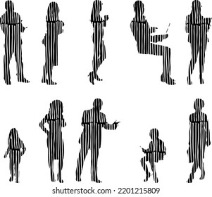 Vector silhouettes, Outline silhouettes of people, Contour drawing, people silhouette, Icon Set Isolated, Silhouette of sitting people, Architectural set	