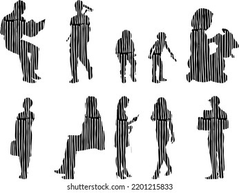 Vector silhouettes, Outline silhouettes of people, Contour drawing, people silhouette, Icon Set Isolated, Silhouette of sitting people, Architectural set	