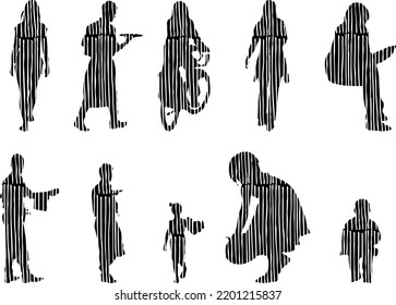 Siluetas vectoriales, Siluetas de contorno de personas, Dibujo de contorno, silueta de personas, Conjunto de iconos aislados, Silueta de personas sentadas, Conjunto arquitectónico	