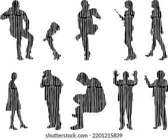 Vector silhouettes, Outline silhouettes of people, Contour drawing, people silhouette, Icon Set Isolated, Silhouette of sitting people, Architectural set	