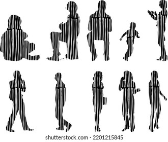 Vector silhouettes, Outline silhouettes of people, Contour drawing, people silhouette, Icon Set Isolated, Silhouette of sitting people, Architectural set	