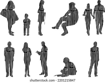 Vector silhouettes, Outline silhouettes of people, Contour drawing, people silhouette, Icon Set Isolated, Silhouette of sitting people, Architectural set	