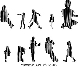 Vector silhouettes, Outline silhouettes of people, Contour drawing, people silhouette, Icon Set Isolated, Silhouette of sitting people, Architectural set	