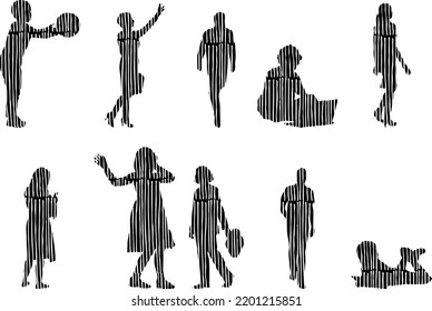 Vector silhouettes, Outline silhouettes of people, Contour drawing, people silhouette, Icon Set Isolated, Silhouette of sitting people, Architectural set	
