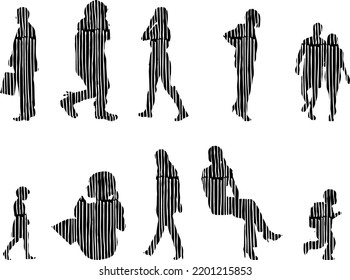 Vector silhouettes, Outline silhouettes of people, Contour drawing, people silhouette, Icon Set Isolated, Silhouette of sitting people, Architectural set	