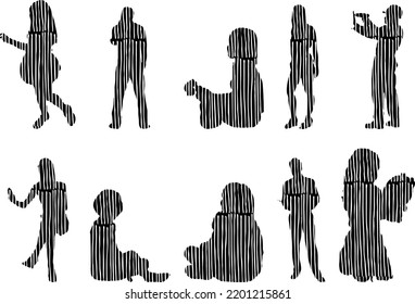 Vector silhouettes, Outline silhouettes of people, Contour drawing, people silhouette, Icon Set Isolated, Silhouette of sitting people, Architectural set	