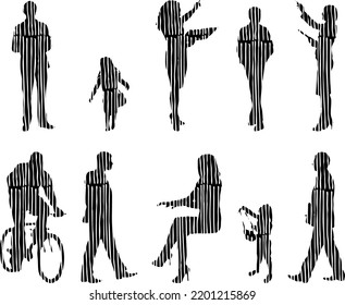 Vector silhouettes, Outline silhouettes of people, Contour drawing, people silhouette, Icon Set Isolated, Silhouette of sitting people, Architectural set	