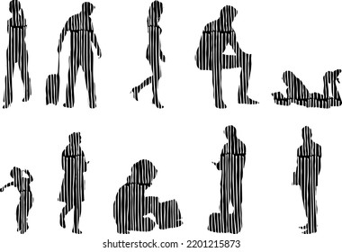Vector silhouettes, Outline silhouettes of people, Contour drawing, people silhouette, Icon Set Isolated, Silhouette of sitting people, Architectural set	