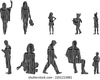 Vector silhouettes, Outline silhouettes of people, Contour drawing, people silhouette, Icon Set Isolated, Silhouette of sitting people, Architectural set	