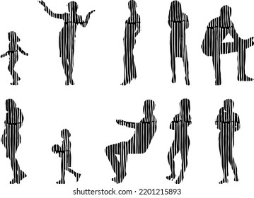 Vector silhouettes, Outline silhouettes of people, Contour drawing, people silhouette, Icon Set Isolated, Silhouette of sitting people, Architectural set	
