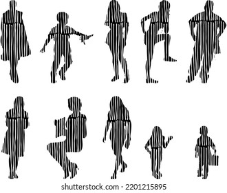 Vector silhouettes, Outline silhouettes of people, Contour drawing, people silhouette, Icon Set Isolated, Silhouette of sitting people, Architectural set	
