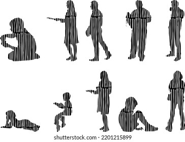 Vector silhouettes, Outline silhouettes of people, Contour drawing, people silhouette, Icon Set Isolated, Silhouette of sitting people, Architectural set	