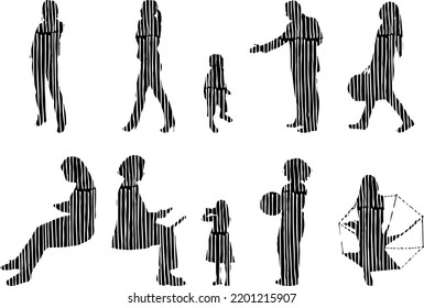 Vector silhouettes, Outline silhouettes of people, Contour drawing, people silhouette, Icon Set Isolated, Silhouette of sitting people, Architectural set	