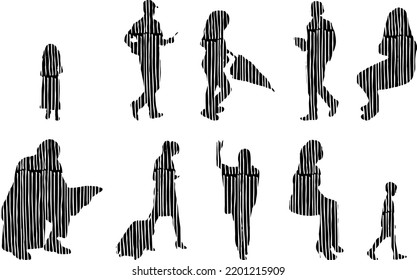Vector silhouettes, Outline silhouettes of people, Contour drawing, people silhouette, Icon Set Isolated, Silhouette of sitting people, Architectural set	