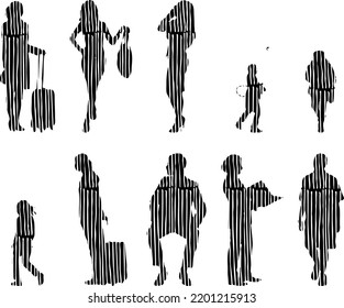 Siluetas vectoriales, Siluetas de contorno de personas, Dibujo de contorno, silueta de personas, Conjunto de iconos aislados, Silueta de personas sentadas, Conjunto arquitectónico	