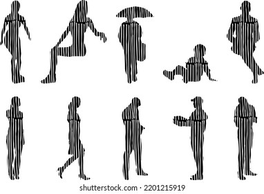 Siluetas vectoriales, Siluetas de contorno de personas, Dibujo de contorno, silueta de personas, Conjunto de iconos aislados, Silueta de personas sentadas, Conjunto arquitectónico	