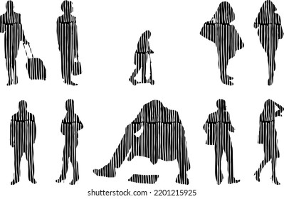Vector silhouettes, Outline silhouettes of people, Contour drawing, people silhouette, Icon Set Isolated, Silhouette of sitting people, Architectural set	