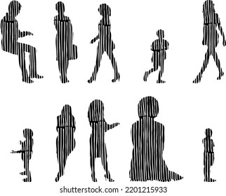 Vector silhouettes, Outline silhouettes of people, Contour drawing, people silhouette, Icon Set Isolated, Silhouette of sitting people, Architectural set	