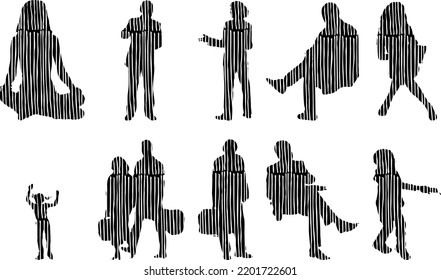 Vector silhouettes, Outline silhouettes of people, Contour drawing, people silhouette, Icon Set Isolated, Silhouette of sitting people, Architectural set	
