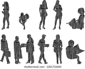 Vector silhouettes, Outline silhouettes of people, Contour drawing, people silhouette, Icon Set Isolated, Silhouette of sitting people, Architectural set	

