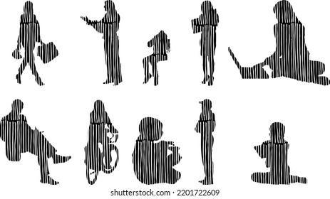 Vector silhouettes, Outline silhouettes of people, Contour drawing, people silhouette, Icon Set Isolated, Silhouette of sitting people, Architectural set	

