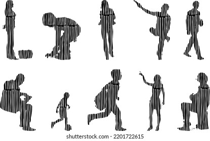 Vektor-Silhouetten, Silhouetten-Linien, Konturzeichnungen, Silhouette-Leute, Symbolsatz isoliert, Silhouette sitzender Menschen, Architekturset	
