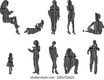 Vector silhouettes, Outline silhouettes of people, Contour drawing, people silhouette, Icon Set Isolated, Silhouette of sitting people, Architectural set	
